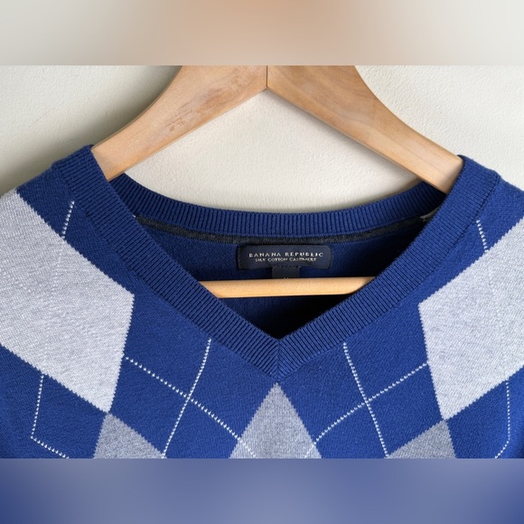 Banana Republic V-Neck Sweater Mens Large Blue Grey Argyle Silk Cashmere Blend - Picture 3 of 11